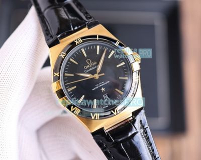 Replica Omega Constellation Gents' Watch Black Dial Black Bezel Black Leather Strap 39mm